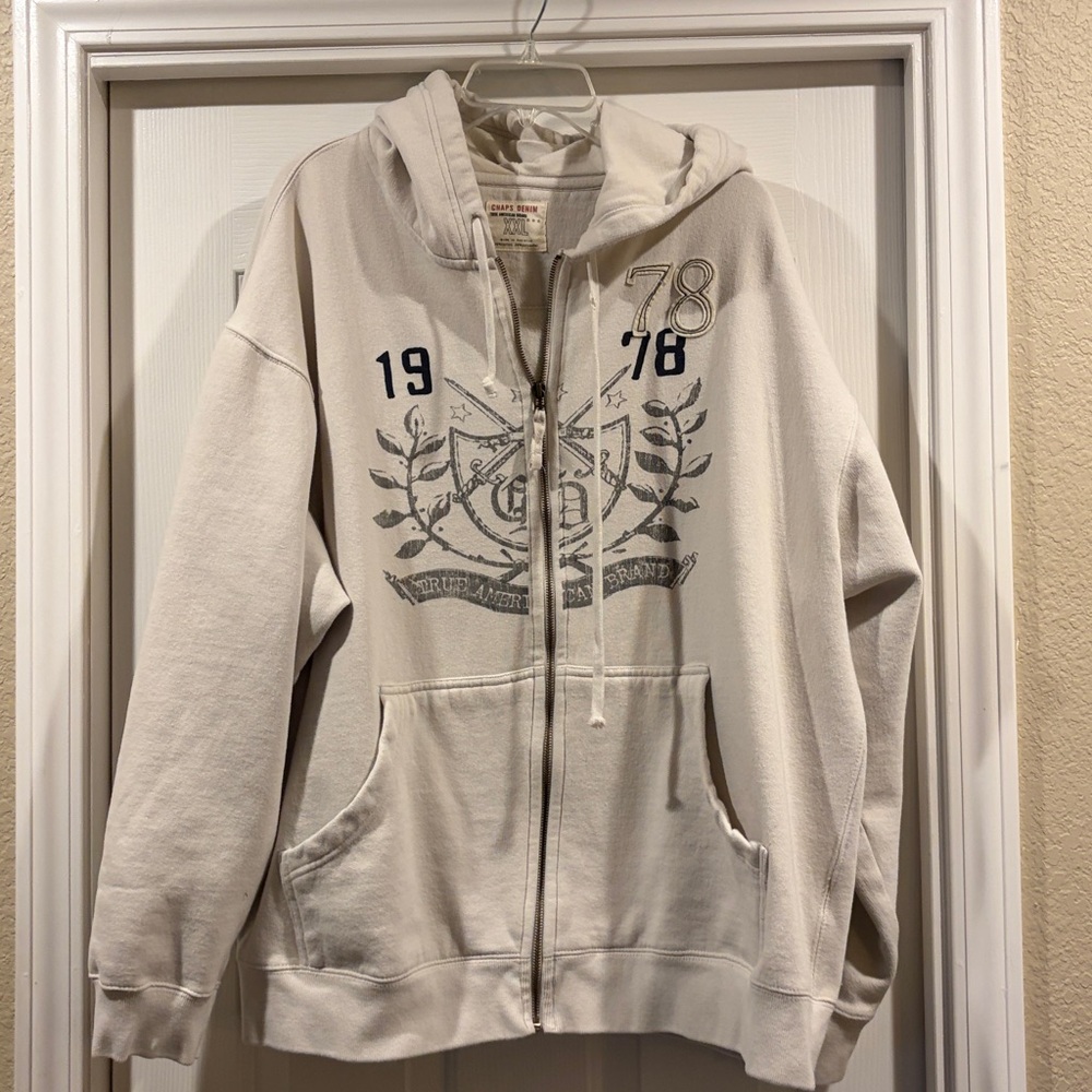Chaps men’s Cream Full-Zip Hooded Sweatshirt with Label Detail xxl - Picture 2 of 4